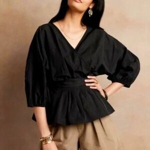 Banana Republic Balloon Sleeve Wrap Cotton Blouse Top S Peplum Hem Navy